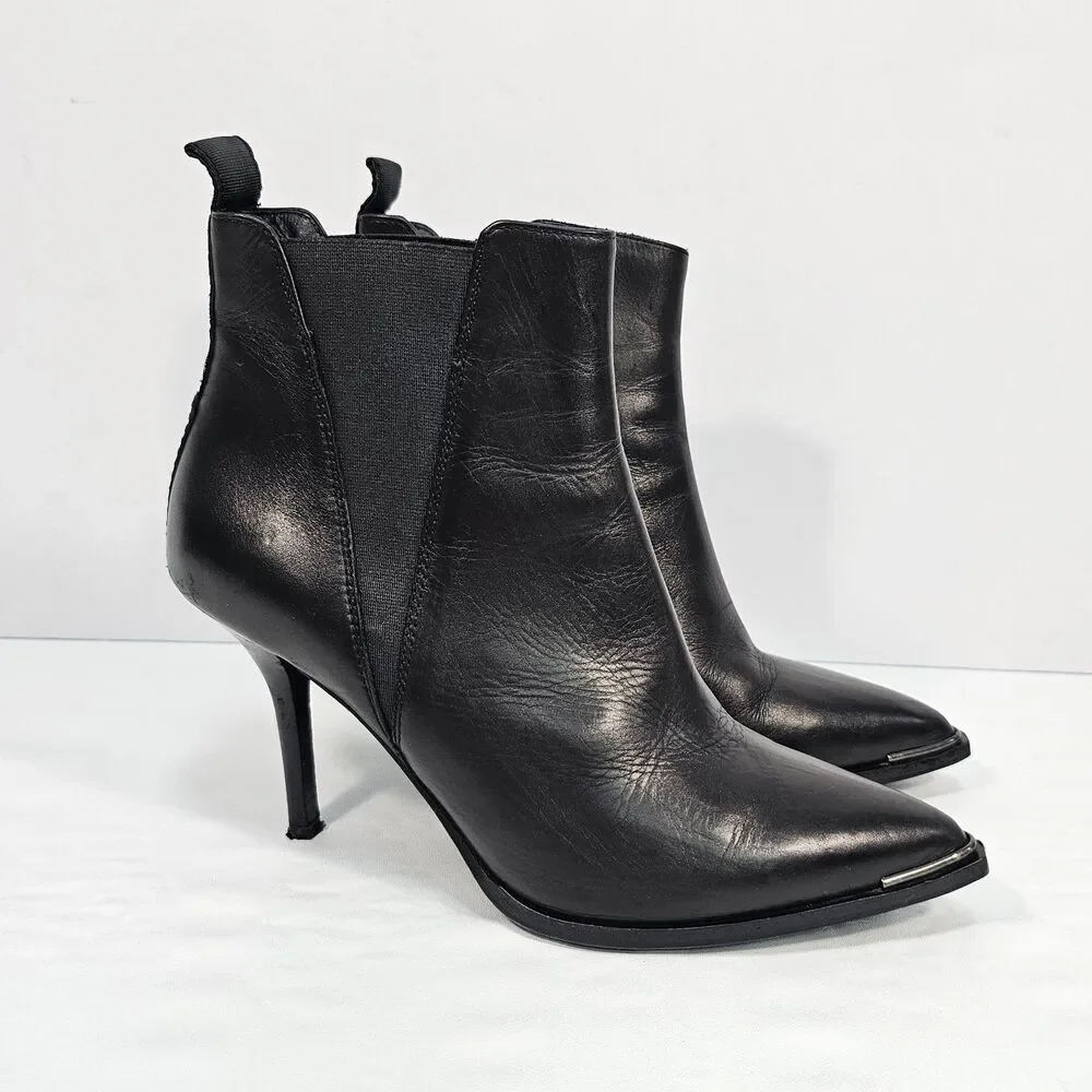 Acne Studios Jemma Black Leather Pointed Metal Tip Stiletto Ankle Boots Size 38